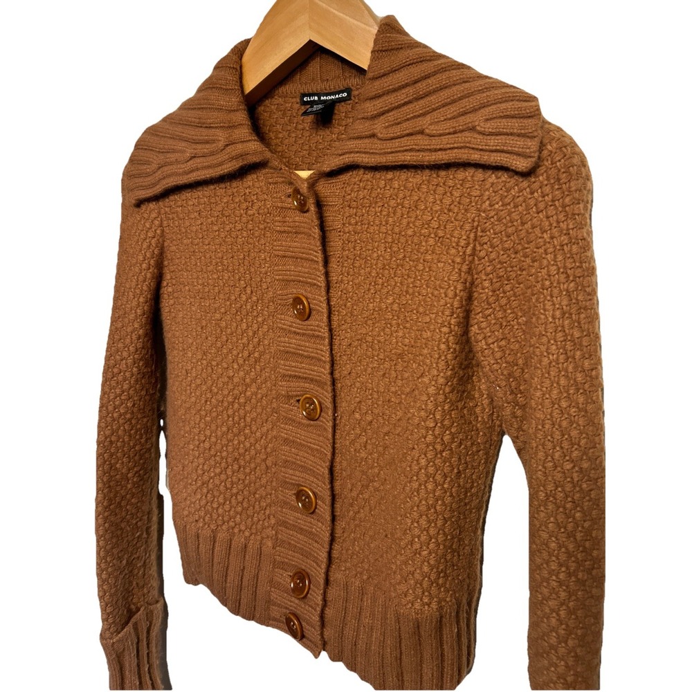 Club Monaco Angora Wool Blend Chunky Tunisian‎ Cardigan Fall Brown Size XS